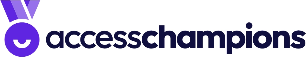 ‘Access Champions’ logo with ‘Access Champions’ wording accompanied by a purple medal with a smile  